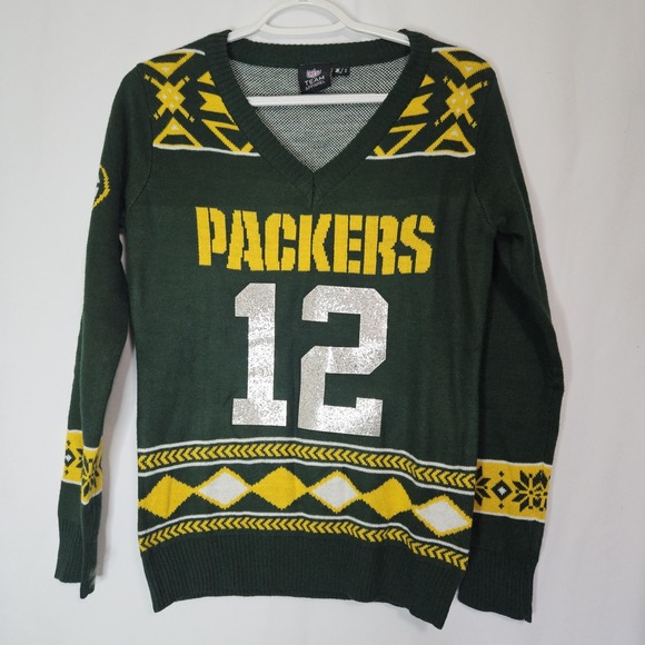 NFL Team Apparel Sweaters - NFL Green Bay Packers Sweater Womens S Green Excellent Aaron Rodgers #12 Holiday